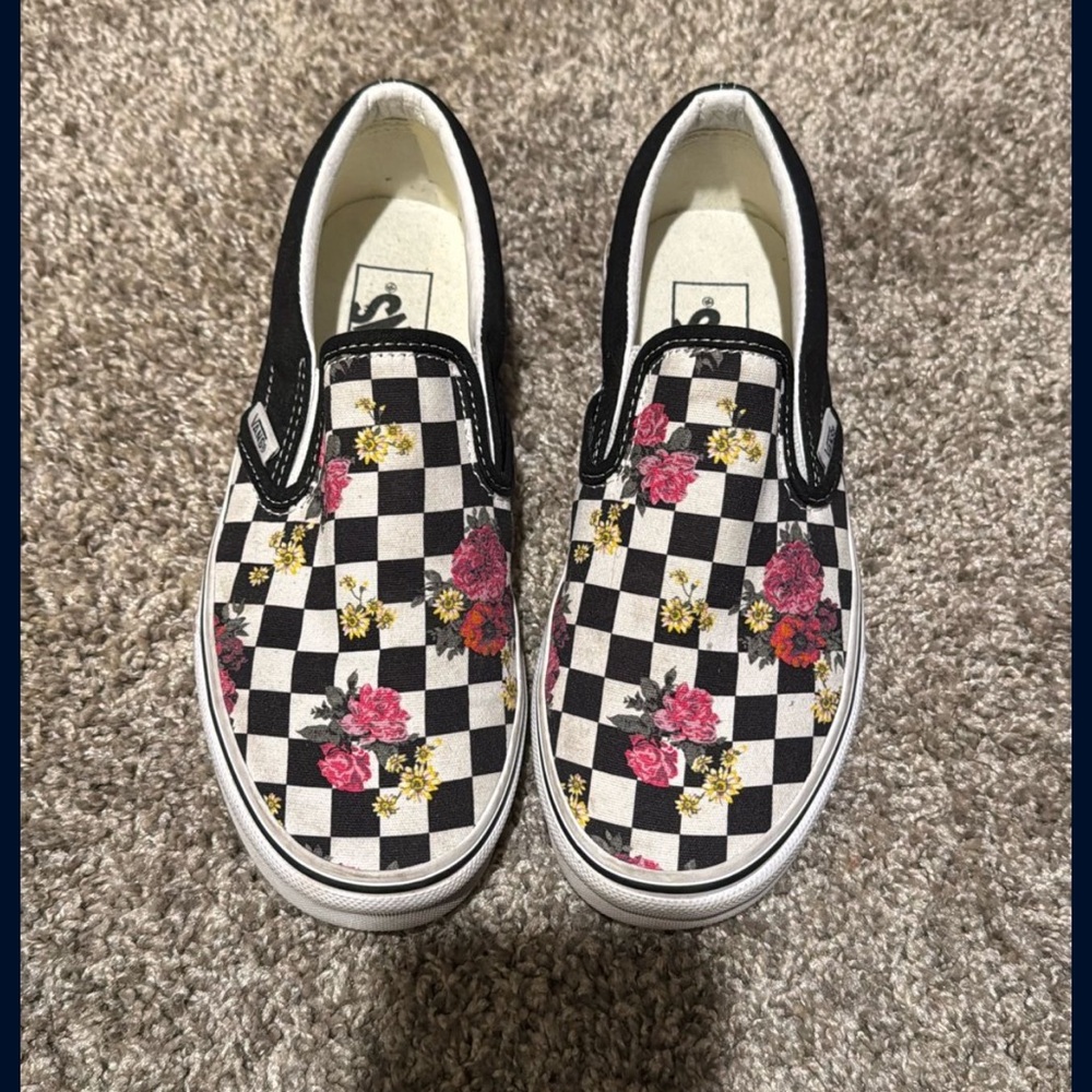Vans Black and White Checkered Floral Slip-Ons